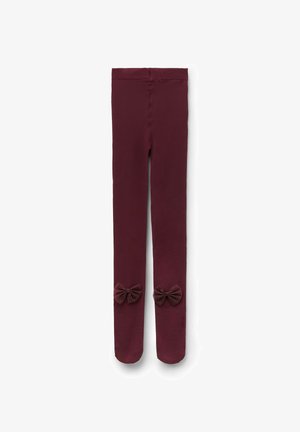 Burgunderfarbene Leggings aus elastischem Stoff, mit zwei dunklen, funkelnden Schleifen an den unteren Säumen. Glatte Textur und enganliegendes Design.