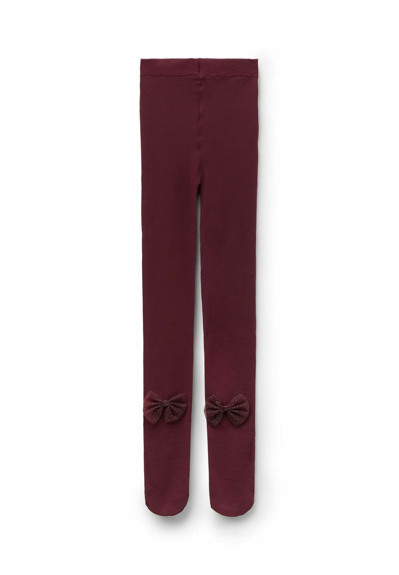 Burgundy leggings i elastisk tyg, med två mörka, glittriga rosetter vid de nedre fållen. Slät yta och åtsittande design.