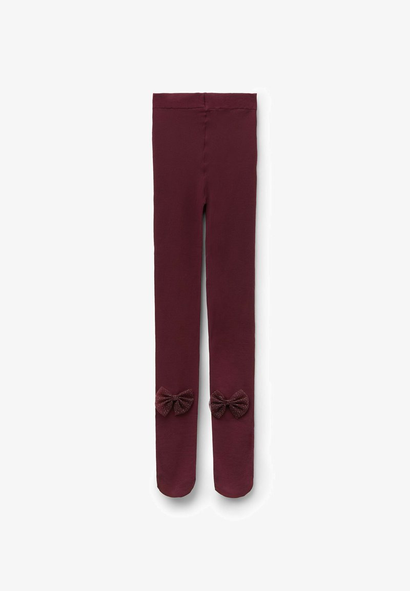 Leggings borgogna realizzati in tessuto elastico, con due fiocchi scuri e luccicanti all'orlo inferiore. Texture liscia e design aderente.