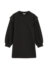 Vestito felpa grigio scuro con maniche lunghe a sbuffo, scollo rotondo e dettagli decorativi sulle spalle con piccole borchie.