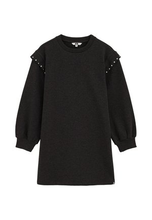 Dunkelgraues Sweatshirtkleid mit langen Puffärmeln, rundem Ausschnitt und verzierten Schulterdetails mit kleinen Nieten.