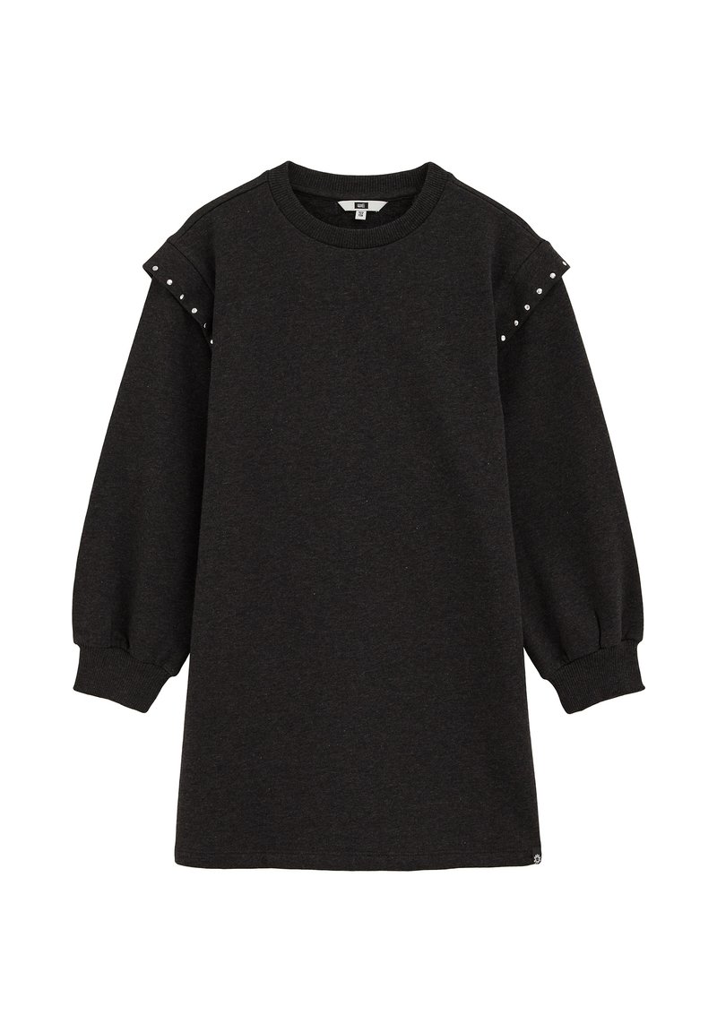 Vestito felpa grigio scuro con maniche lunghe a sbuffo, scollo rotondo e dettagli decorativi sulle spalle con piccole borchie.