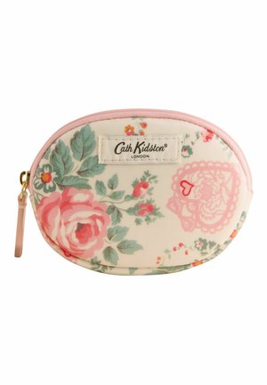 Mała owalna materiałowa saszetka z różowym zamkiem błyskawicznym, wzorem kwiatowym i metką Cath Kidston London na kremowym tle.