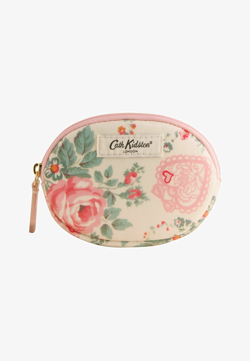 Malé oválné látkové pouzdro s růžovým zipem, květinovým vzorem a štítkem Cath Kidston London na krémovém pozadí.