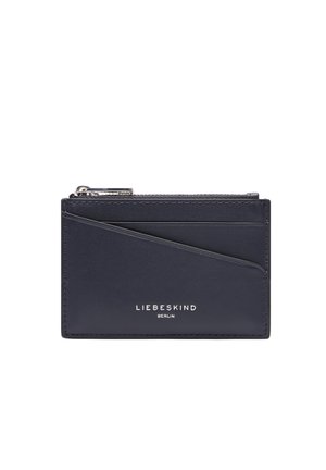 Granatowy skórzany portfel z zamykaną na suwak przegrodą, wieloma miejscami na karty oraz tłoczonym logo marki. Gładka faktura i minimalistyczny design.