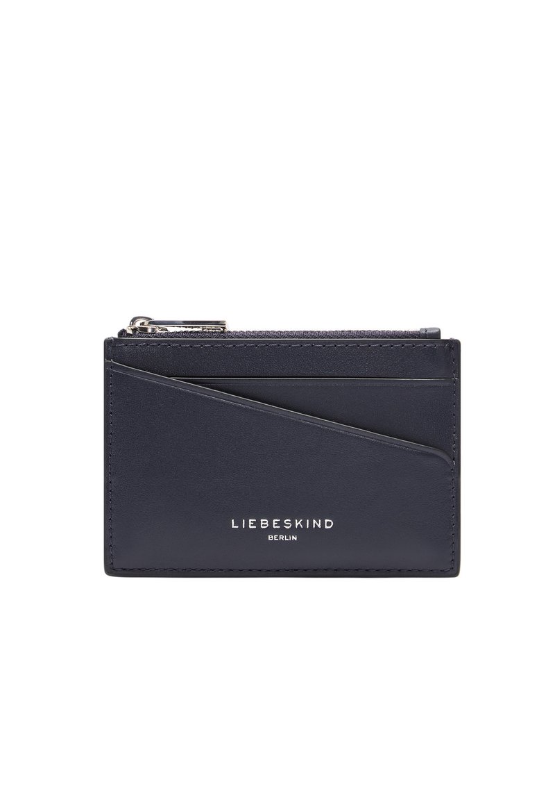 Marineblaues Lederportemonnaie mit einem Reißverschlussfach, mehreren Kartenfächern und geprägt eingraviertem Markenlogo. Glatte Textur und minimalistisches Design.