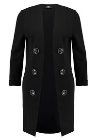 Černý kabát na míru s dvouřadým zapínáním, obsahující šest knoflíků, tříčtvrteční rukávy a rovný střih. Hladká struktura látky.