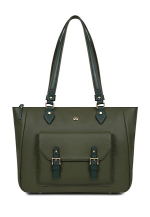 Donkergroene leren totebag met dubbele handvatten, voorvak beveiligd met twee gespen en een klein metalen logoplaatje.