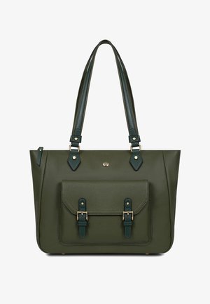 Donkergroene leren totebag met dubbele handvatten, voorvak beveiligd met twee gespen en een klein metalen logoplaatje.