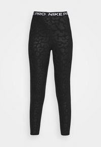 Czarne legginsy z subtelnym wzorem w panterkę, wykonane z elastycznego materiału, z szerokim białym pasem w talii z napisem "NIKE PRO".