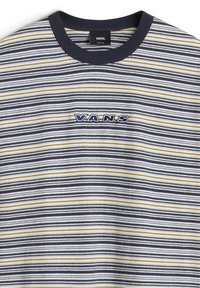 T-shirt Vans manches courtes avec rayures horizontales bleu marine, blanc et jaune et col rond bleu marine, taille moyenne.