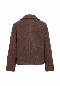 Veste en laine marron texturée avec manches longues et large col, vue de dos sur fond blanc.