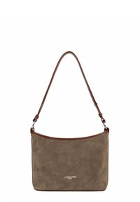 Borsa a spalla in suede marrone con una forma strutturata, dotata di una sottile tracolla in pelle e accessori in metallo color argento. Logo stampato sulla parte frontale.
