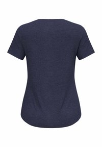 Korte mouwen, aansluitend navyblauw t-shirt van zacht stof. Ronde halslijn met een gladde textuur. Achteraan is een gebogen zoom te zien.
