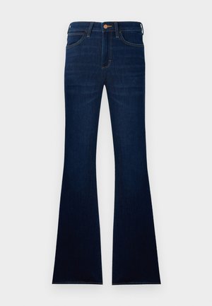 Dark blue flared jeans made of denim, featuring a button closure, two front pockets, and a smooth texture.