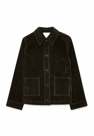 Brown suede jacket with a pointed collar, button front, and two large front pockets. Features top-stitched accents and a relaxed fit.