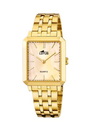 Zlatý obdĺžnikový Quartz hodinky Lotus so zlatými značkami, zlatým prepojeným náramkom a perleťovým ciferníkom.