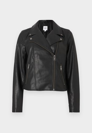 Black leather cropped jacket with a notched collar, asymmetric front zipper, and silver hardware. Features side pockets and smooth texture.