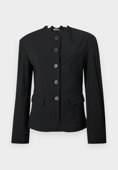 Black pinstriped blazer with a high collar, five button front, and two front pockets. Tailored fit, smooth texture, and structured shoulders.