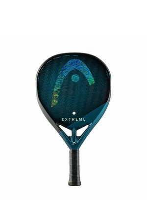 Racchetta da padel con impugnatura nera, superficie scura e grande logo iridescente "A" sopra la parola "EXTREME" al centro.