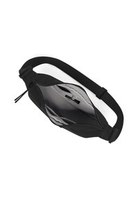 Borsa a tracolla nera in tessuto con chiusura a zip, dotata di un interno liscio e foderato, tracolla regolabile e design minimalista.