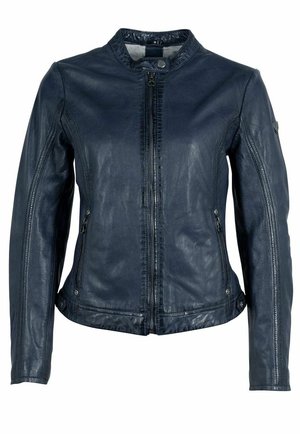 Veste en cuir bleu marine pour femme avec fermeture éclair avant, col montant avec bouton-pression, manches longues et poches latérales zippées.