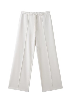 Pantalon blanc à jambes larges avec taille élastique et cordon, présentant des détails de coutures verticales sur le devant de chaque jambe.
