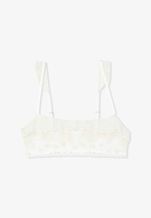 Bralette in pizzo bianco con spalline sottili regolabili e delicato ricamo floreale su uno sfondo di tessuto trasparente.