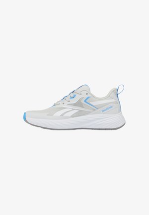 Scarpa da corsa Reebok bianca e grigia con accenti blu, pannelli in mesh, suola ammortizzata e linguetta sul tallone, vista di profilo.