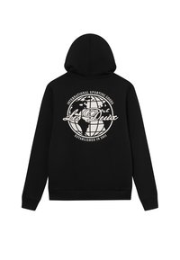 Czarna bluza z kapturem, wykonana z miękkiego materiału, z dużą białą grafiką globu i tekstem na plecach. Posiada regulowany kaptur i ściągacz na dole.