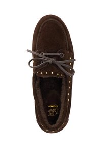 Brown suede moccasin shoe with decorative gold-tone eyelets, laces, and soft fur lining. Features a rounded toe and cushioned insole.