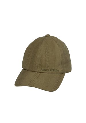 Olive green baseball cap with textured fabric and stitched "Marc O'Polo" logo on the front left panel.