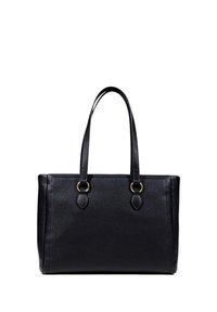 Sac fourre-tout en cuir noir avec surface texturée, deux longues poignées, quincaillerie dorée et un design de corps rectangulaire spacieux.