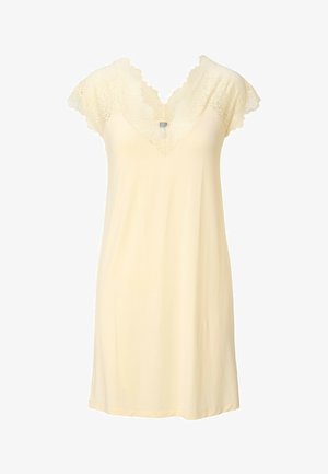 Blød gul natkjole med blonder ved kappelærmerne og V-udskæring med delikat blomsterblondekant.