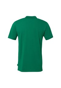 Groene poloshirt van gladde stof, met een kraag en korte mouwen, zonder patronen of verdere detaillering.