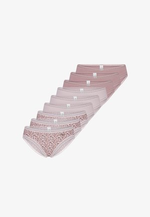 Zestaw dziewięciu majtek damskich w różnych odcieniach różu, z motywem panterki na jednej parze. Miękki materiał z koronkową lamówką.