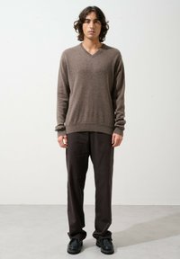 Brauner V-Ausschnitt-Pullover mit langen Ärmeln, weicher Textur; kombiniert mit lockeren, dunklen Hosen und schwarzen Schuhen. Einfaches, entspanntes Design.