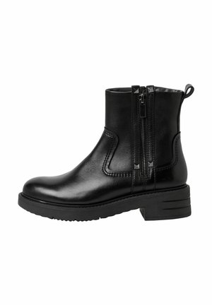 Bottines noires en cuir lisse avec un bout arrondi, fermetures éclair latérales doubles et un petit talon carré. Détails de couture et petits clous présents.