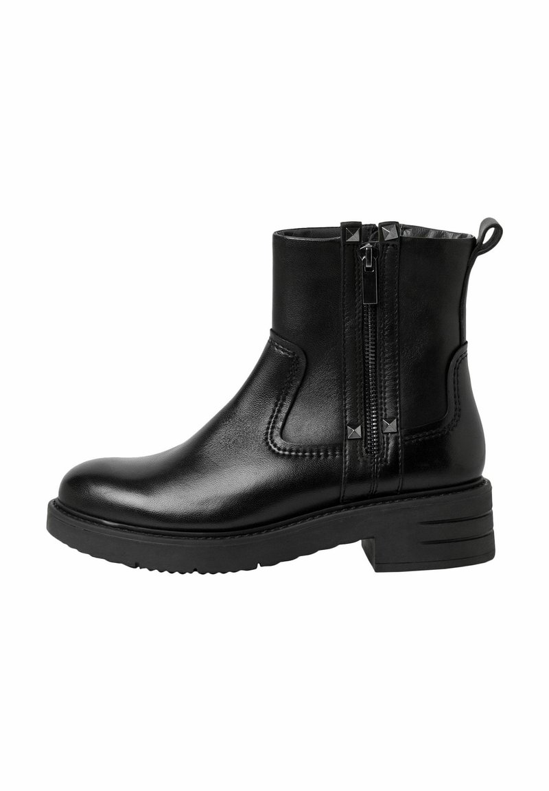 Botines negros de cuero liso con punta redonda, cierres laterales dobles y un tacón bajo tipo bloque. Presenta detalles de costura y pequeños remaches.