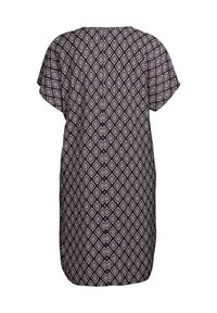 Musterkleid mit navy Hintergrund und cremefarbenen geometrischen Designs, kurzen Ärmeln, rundem Ausschnitt und Knopfdetail am Rücken.