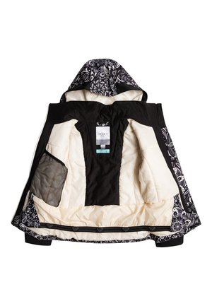Veste isolée noir et crème avec une capuche à motif floral, des poches latérales et une doublure intérieure douce. Étiquette Roxy visible.