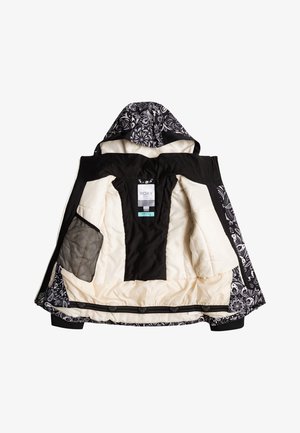 Schwarz-weiße isolierte Jacke mit einer floral gemusterten Kapuze, seitlichen Taschen und einem glatten Innenfutter. Roxy-Label sichtbar.