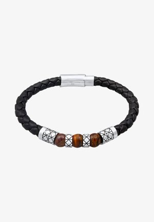 Schwarzes geflochtenes Lederarmband mit silberner Hardware und gemusterten Perlen. Enthält eine glatte braune Perle und geometrische silberne Akzente.