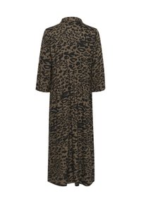 Leopardprint jurk in bruin en zwart, met driekwart mouwen, een kraag en een vloeiende ontwerp met een geraffineerde taille.
