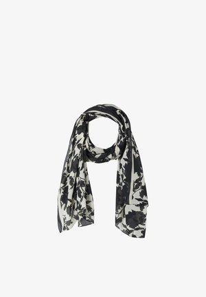 Schwarz-weiß gemusterter leichter Schal mit Blumenmotiv, locker zu einer Schlaufe drapiert, die Enden hängen auf weißem Hintergrund herab.