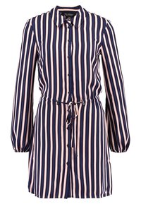 Šaty se striped v námořnické modré a růžové barvě, s límečkem, dlouhými rukávy, zapínáním na knoflíky vpředu, stahovací pasem a nařasenými manžetami. Hladká textilie.