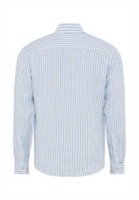 Langarmshirt met een lichtblauw en wit verticale streepjespatroon, knoopmanchetten en een klassieke kraag met een comfortabele pasvorm.