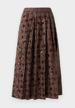 Brown midi skirt with an elastic waistband, featuring floral sequin embellishments, pleated design, and a smooth fabric texture.