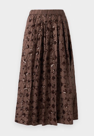 Brauner Midirock mit elastischem Bund, verziert mit floralen Pailletten, mit plissiertem Design und glatter Stofftextur.