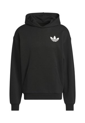 Černá mikina s kapucí z bavlněné směsi, má přední kapsu, žebrované manžety a lem a bílý logo tří pruhů na hrudi.